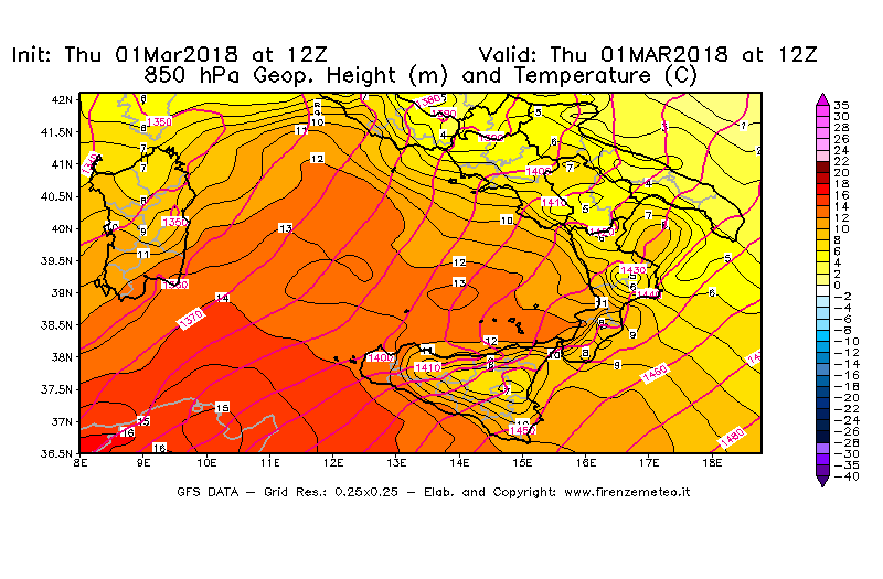 Mappa di analisi GFS - Geopotenziale [m] e Temperatura [°C] a 850 hPa in Sud-Italia
							del 01/03/2018 12 <!--googleoff: index-->UTC<!--googleon: index-->