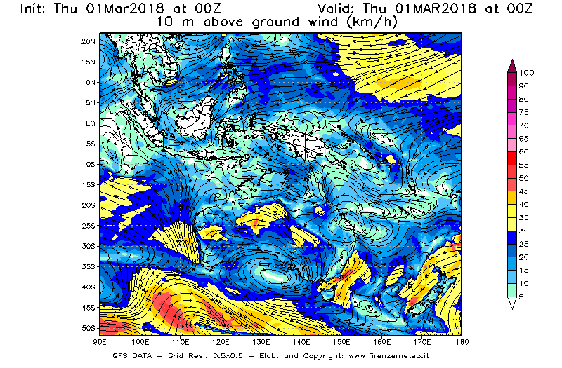 Mappa di analisi GFS - Velocità del vento a 10 metri dal suolo [km/h] in Oceania
							del 01/03/2018 00 <!--googleoff: index-->UTC<!--googleon: index-->