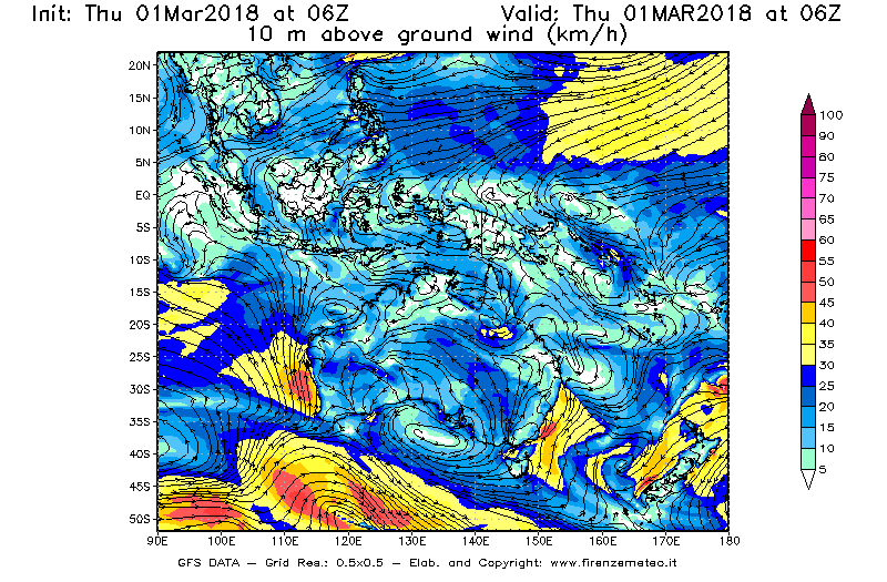 Mappa di analisi GFS - Velocità del vento a 10 metri dal suolo [km/h] in Oceania
							del 01/03/2018 06 <!--googleoff: index-->UTC<!--googleon: index-->