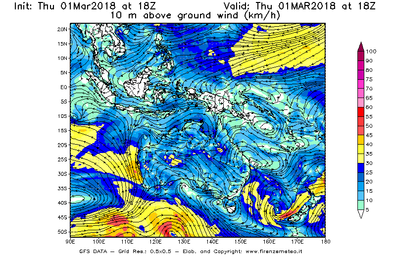 Mappa di analisi GFS - Velocità del vento a 10 metri dal suolo [km/h] in Oceania
							del 01/03/2018 18 <!--googleoff: index-->UTC<!--googleon: index-->