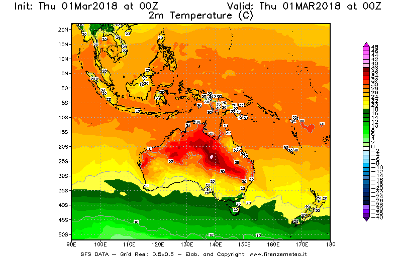 Mappa di analisi GFS - Temperatura a 2 metri dal suolo [°C] in Oceania
							del 01/03/2018 00 <!--googleoff: index-->UTC<!--googleon: index-->