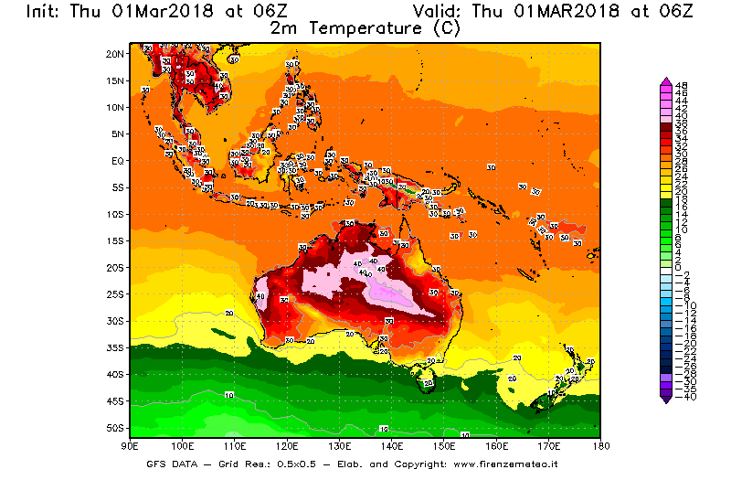 Mappa di analisi GFS - Temperatura a 2 metri dal suolo [°C] in Oceania
							del 01/03/2018 06 <!--googleoff: index-->UTC<!--googleon: index-->