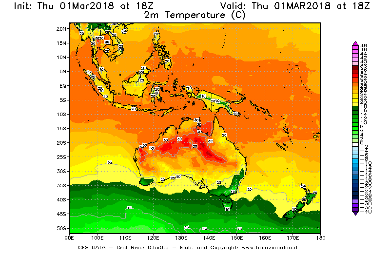 Mappa di analisi GFS - Temperatura a 2 metri dal suolo [°C] in Oceania
							del 01/03/2018 18 <!--googleoff: index-->UTC<!--googleon: index-->