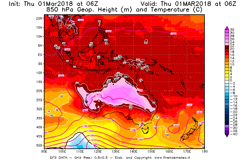 Mappa di analisi GFS - Geopotenziale [m] e Temperatura [°C] a 850 hPa in Oceania
							del 01/03/2018 06 <!--googleoff: index-->UTC<!--googleon: index-->