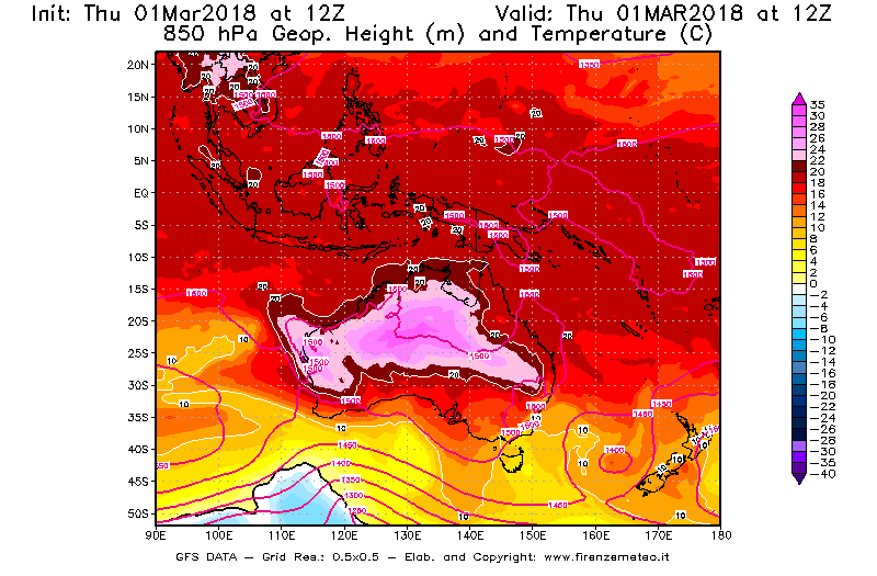 Mappa di analisi GFS - Geopotenziale [m] e Temperatura [°C] a 850 hPa in Oceania
							del 01/03/2018 12 <!--googleoff: index-->UTC<!--googleon: index-->