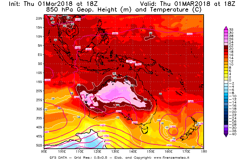 Mappa di analisi GFS - Geopotenziale [m] e Temperatura [°C] a 850 hPa in Oceania
							del 01/03/2018 18 <!--googleoff: index-->UTC<!--googleon: index-->