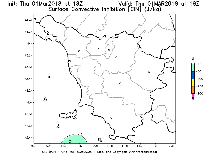 Mappa di analisi GFS - CIN [J/kg] in Toscana
							del 01/03/2018 18 <!--googleoff: index-->UTC<!--googleon: index-->
