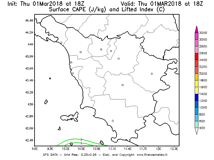 Mappa di analisi GFS - CAPE [J/kg] e Lifted Index [°C] in Toscana
							del 01/03/2018 18 <!--googleoff: index-->UTC<!--googleon: index-->