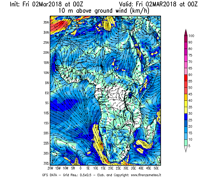 Mappa di analisi GFS - Velocità del vento a 10 metri dal suolo [km/h] in Africa
							del 02/03/2018 00 <!--googleoff: index-->UTC<!--googleon: index-->
