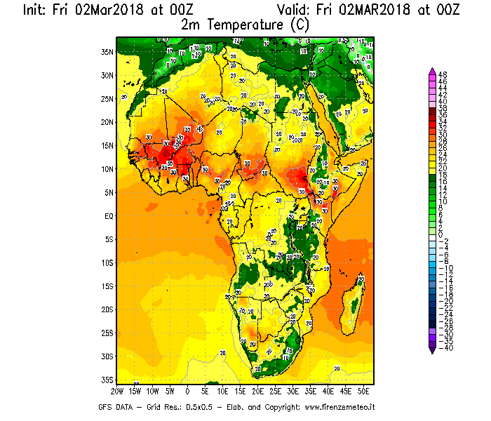 Mappa di analisi GFS - Temperatura a 2 metri dal suolo [°C] in Africa
							del 02/03/2018 00 <!--googleoff: index-->UTC<!--googleon: index-->