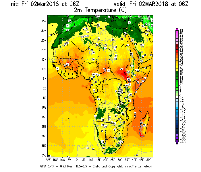 Mappa di analisi GFS - Temperatura a 2 metri dal suolo [°C] in Africa
							del 02/03/2018 06 <!--googleoff: index-->UTC<!--googleon: index-->