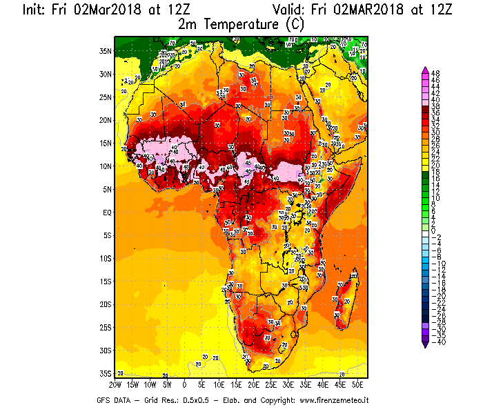 Mappa di analisi GFS - Temperatura a 2 metri dal suolo [°C] in Africa
							del 02/03/2018 12 <!--googleoff: index-->UTC<!--googleon: index-->