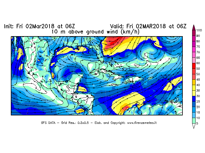 Mappa di analisi GFS - Velocità del vento a 10 metri dal suolo [km/h] in Centro-America
							del 02/03/2018 06 <!--googleoff: index-->UTC<!--googleon: index-->