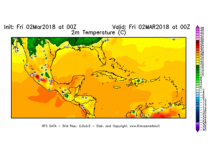 Mappa di analisi GFS - Temperatura a 2 metri dal suolo [°C] in Centro-America
							del 02/03/2018 00 <!--googleoff: index-->UTC<!--googleon: index-->