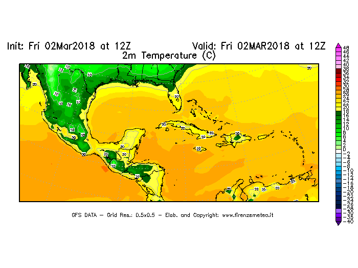 Mappa di analisi GFS - Temperatura a 2 metri dal suolo [°C] in Centro-America
							del 02/03/2018 12 <!--googleoff: index-->UTC<!--googleon: index-->