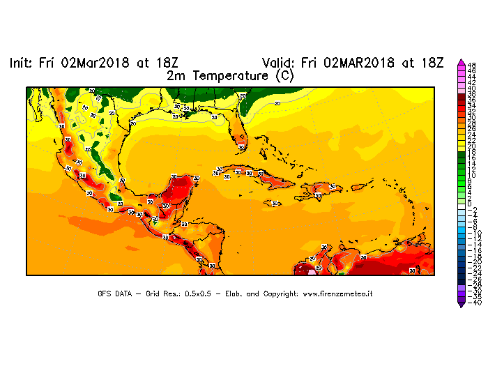 Mappa di analisi GFS - Temperatura a 2 metri dal suolo [°C] in Centro-America
							del 02/03/2018 18 <!--googleoff: index-->UTC<!--googleon: index-->