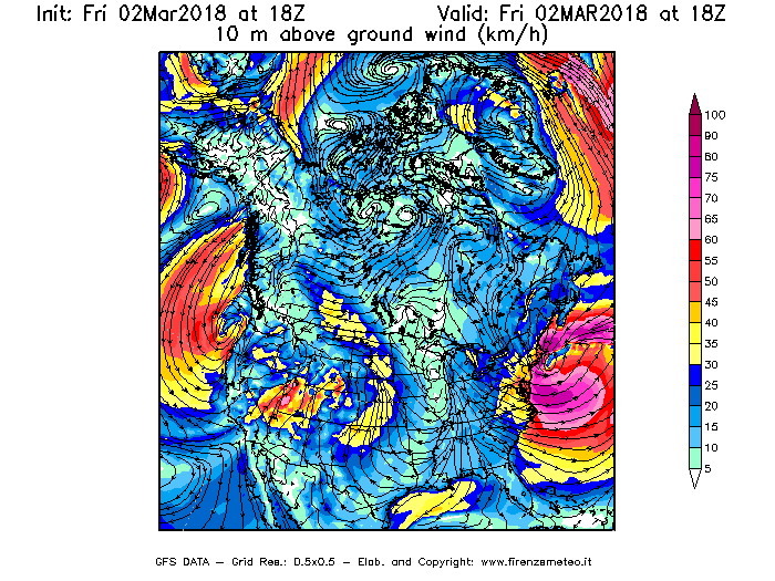 Mappa di analisi GFS - Velocità del vento a 10 metri dal suolo [km/h] in Nord-America
							del 02/03/2018 18 <!--googleoff: index-->UTC<!--googleon: index-->