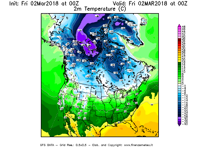 Mappa di analisi GFS - Temperatura a 2 metri dal suolo [°C] in Nord-America
							del 02/03/2018 00 <!--googleoff: index-->UTC<!--googleon: index-->