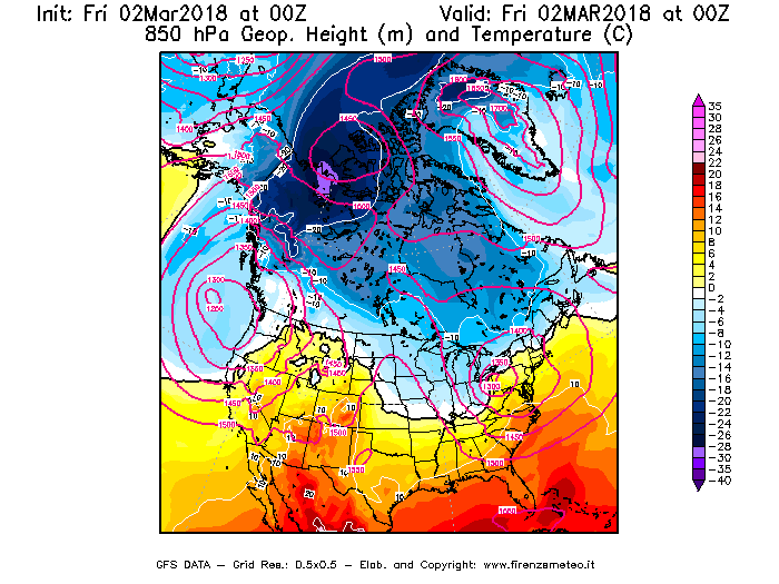 Mappa di analisi GFS - Geopotenziale [m] e Temperatura [°C] a 850 hPa in Nord-America
							del 02/03/2018 00 <!--googleoff: index-->UTC<!--googleon: index-->