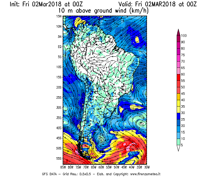 Mappa di analisi GFS - Velocità del vento a 10 metri dal suolo [km/h] in Sud-America
							del 02/03/2018 00 <!--googleoff: index-->UTC<!--googleon: index-->