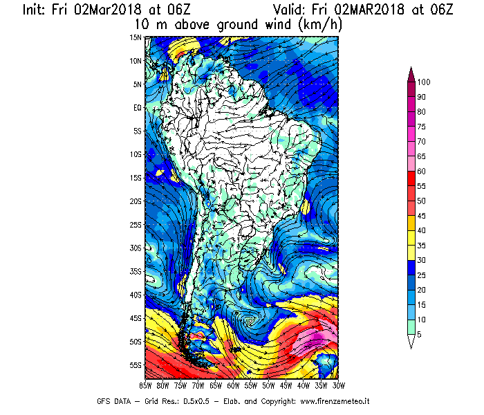 Mappa di analisi GFS - Velocità del vento a 10 metri dal suolo [km/h] in Sud-America
							del 02/03/2018 06 <!--googleoff: index-->UTC<!--googleon: index-->