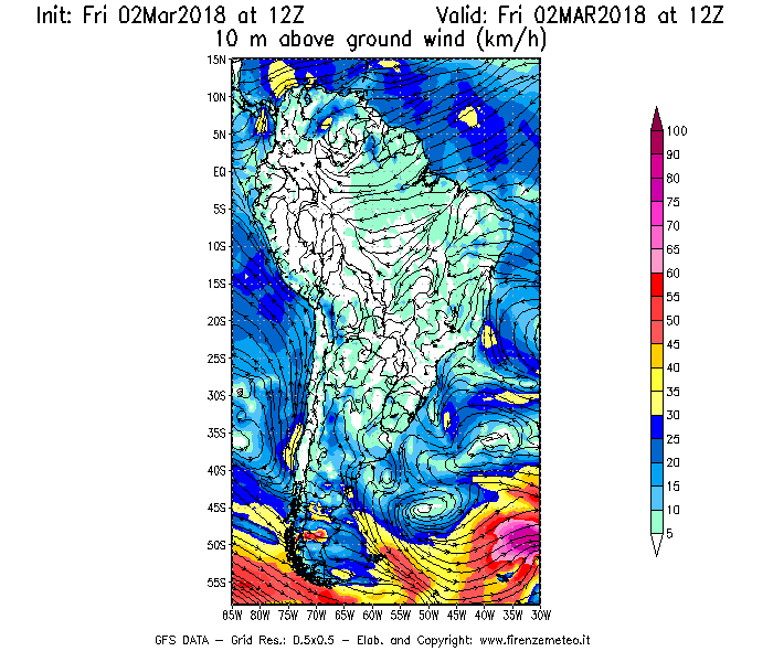 Mappa di analisi GFS - Velocità del vento a 10 metri dal suolo [km/h] in Sud-America
							del 02/03/2018 12 <!--googleoff: index-->UTC<!--googleon: index-->