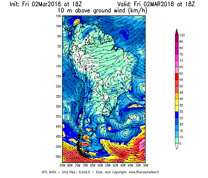 Mappa di analisi GFS - Velocità del vento a 10 metri dal suolo [km/h] in Sud-America
							del 02/03/2018 18 <!--googleoff: index-->UTC<!--googleon: index-->