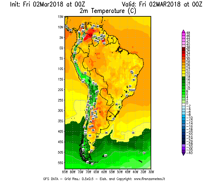 Mappa di analisi GFS - Temperatura a 2 metri dal suolo [°C] in Sud-America
							del 02/03/2018 00 <!--googleoff: index-->UTC<!--googleon: index-->