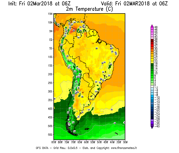 Mappa di analisi GFS - Temperatura a 2 metri dal suolo [°C] in Sud-America
							del 02/03/2018 06 <!--googleoff: index-->UTC<!--googleon: index-->