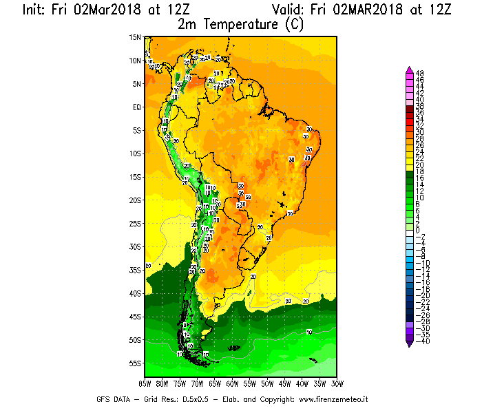 Mappa di analisi GFS - Temperatura a 2 metri dal suolo [°C] in Sud-America
							del 02/03/2018 12 <!--googleoff: index-->UTC<!--googleon: index-->