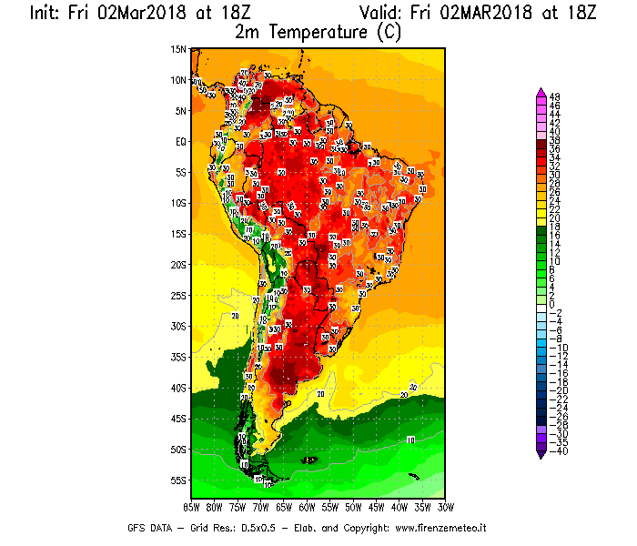 Mappa di analisi GFS - Temperatura a 2 metri dal suolo [°C] in Sud-America
							del 02/03/2018 18 <!--googleoff: index-->UTC<!--googleon: index-->