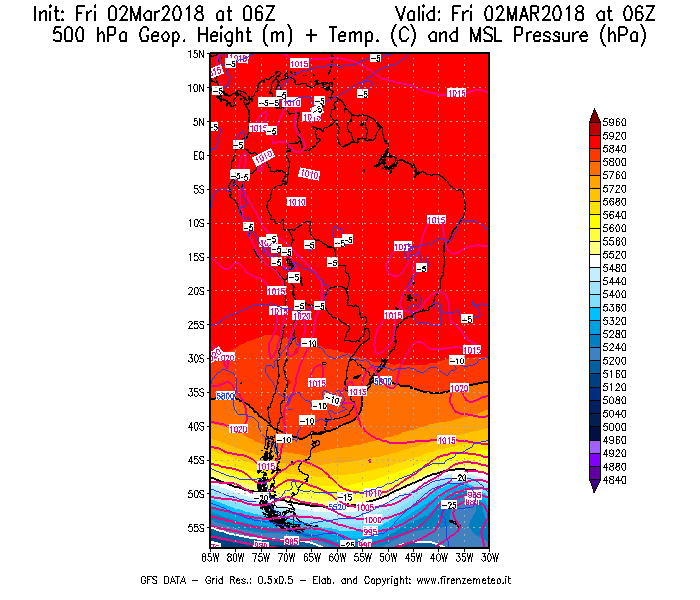 Mappa di analisi GFS - Geopotenziale [m] + Temp. [°C] a 500 hPa + Press. a livello del mare [hPa] in Sud-America
							del 02/03/2018 06 <!--googleoff: index-->UTC<!--googleon: index-->