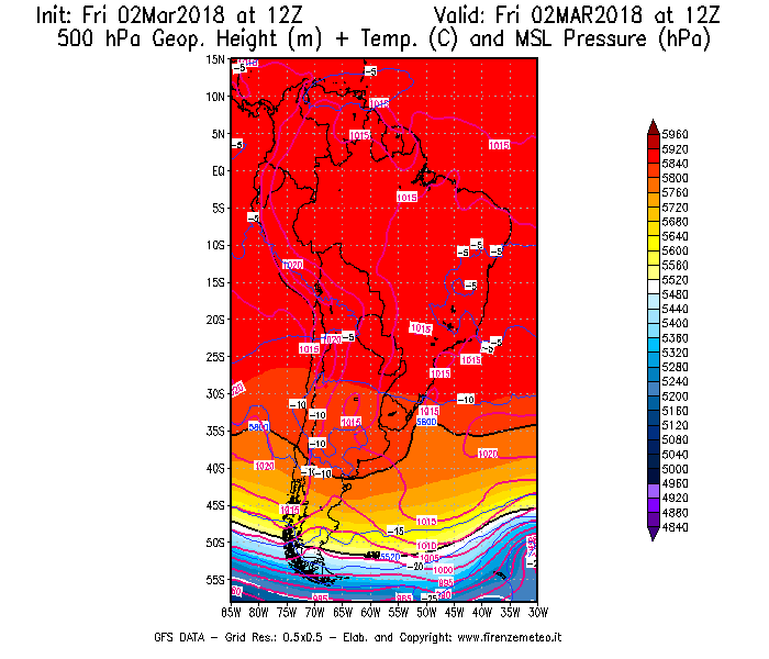 Mappa di analisi GFS - Geopotenziale [m] + Temp. [°C] a 500 hPa + Press. a livello del mare [hPa] in Sud-America
							del 02/03/2018 12 <!--googleoff: index-->UTC<!--googleon: index-->