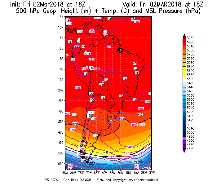 Mappa di analisi GFS - Geopotenziale [m] + Temp. [°C] a 500 hPa + Press. a livello del mare [hPa] in Sud-America
							del 02/03/2018 18 <!--googleoff: index-->UTC<!--googleon: index-->