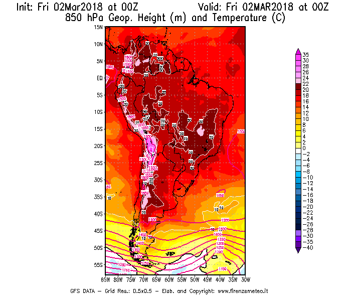 Mappa di analisi GFS - Geopotenziale [m] e Temperatura [°C] a 850 hPa in Sud-America
							del 02/03/2018 00 <!--googleoff: index-->UTC<!--googleon: index-->