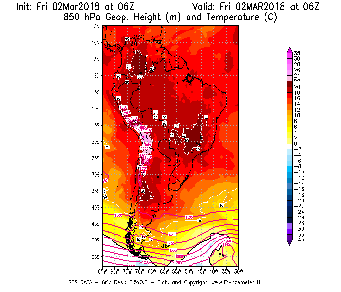 Mappa di analisi GFS - Geopotenziale [m] e Temperatura [°C] a 850 hPa in Sud-America
							del 02/03/2018 06 <!--googleoff: index-->UTC<!--googleon: index-->