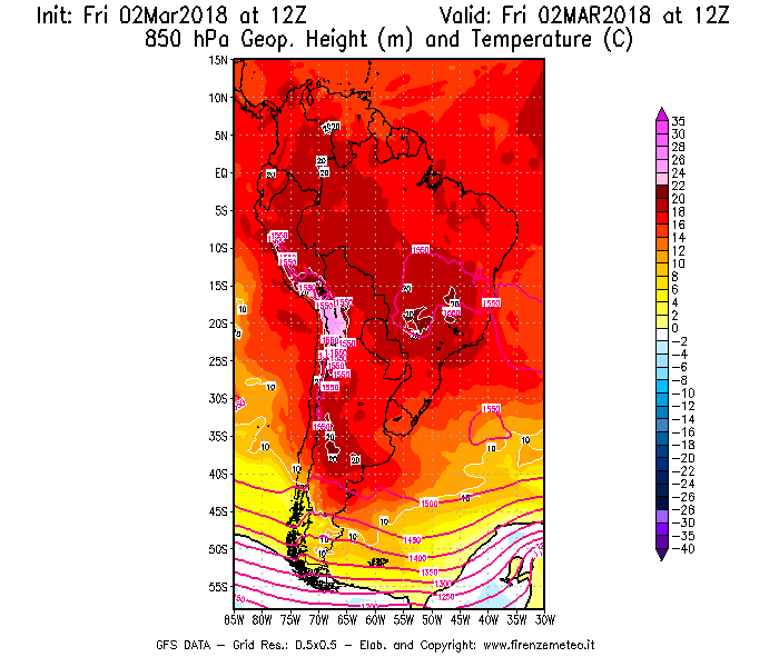 Mappa di analisi GFS - Geopotenziale [m] e Temperatura [°C] a 850 hPa in Sud-America
							del 02/03/2018 12 <!--googleoff: index-->UTC<!--googleon: index-->
