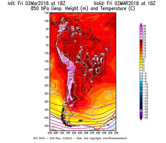Mappa di analisi GFS - Geopotenziale [m] e Temperatura [°C] a 850 hPa in Sud-America
							del 02/03/2018 18 <!--googleoff: index-->UTC<!--googleon: index-->
