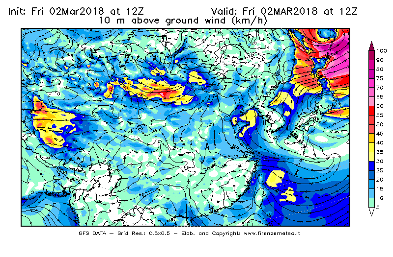 Mappa di analisi GFS - Velocità del vento a 10 metri dal suolo [km/h] in Asia Orientale
							del 02/03/2018 12 <!--googleoff: index-->UTC<!--googleon: index-->