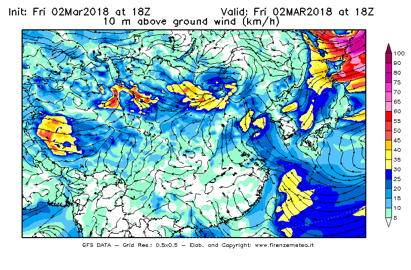 Mappa di analisi GFS - Velocità del vento a 10 metri dal suolo [km/h] in Asia Orientale
							del 02/03/2018 18 <!--googleoff: index-->UTC<!--googleon: index-->