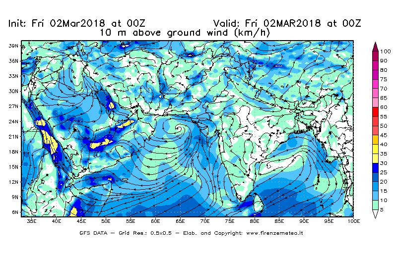Mappa di analisi GFS - Velocità del vento a 10 metri dal suolo [km/h] in Asia Sud-Occidentale
							del 02/03/2018 00 <!--googleoff: index-->UTC<!--googleon: index-->