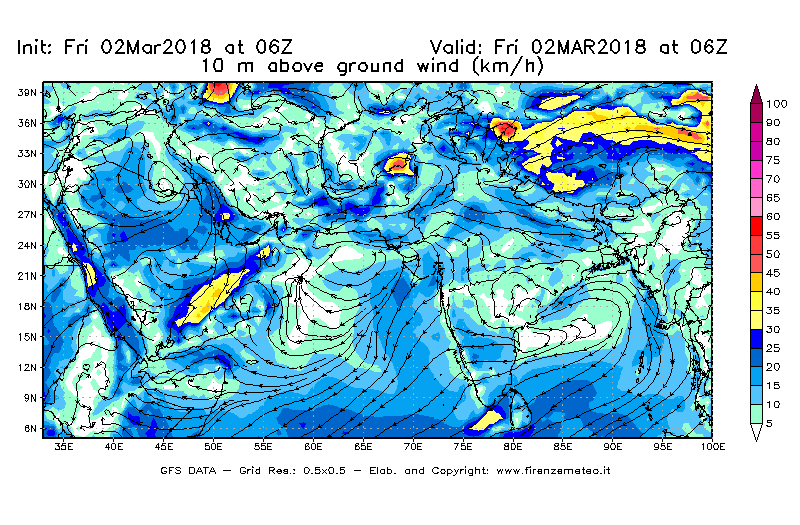 Mappa di analisi GFS - Velocità del vento a 10 metri dal suolo [km/h] in Asia Sud-Occidentale
							del 02/03/2018 06 <!--googleoff: index-->UTC<!--googleon: index-->