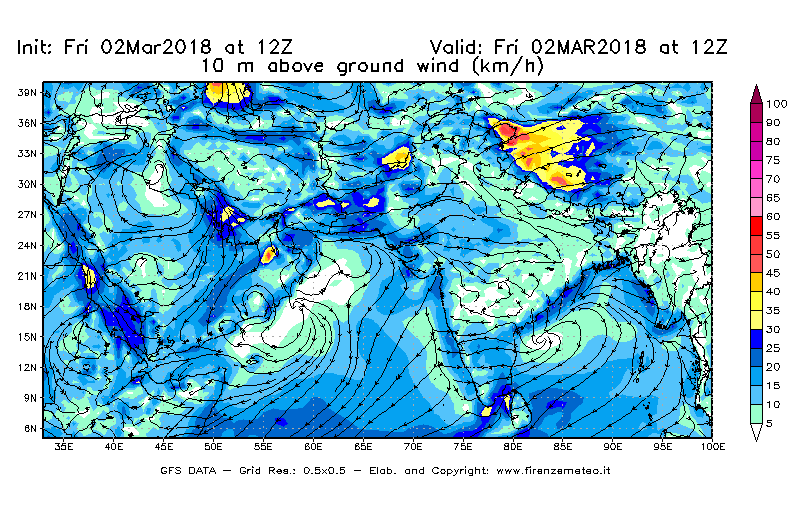 Mappa di analisi GFS - Velocità del vento a 10 metri dal suolo [km/h] in Asia Sud-Occidentale
							del 02/03/2018 12 <!--googleoff: index-->UTC<!--googleon: index-->