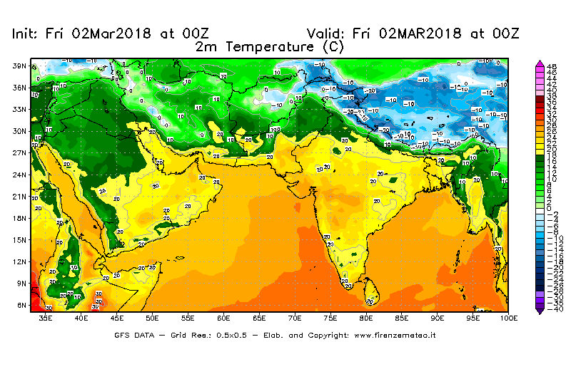 Mappa di analisi GFS - Temperatura a 2 metri dal suolo [°C] in Asia Sud-Occidentale
							del 02/03/2018 00 <!--googleoff: index-->UTC<!--googleon: index-->