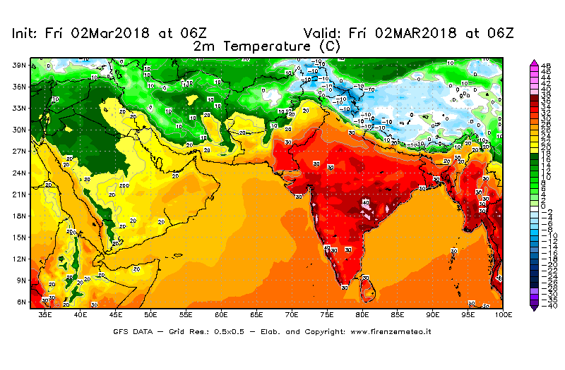 Mappa di analisi GFS - Temperatura a 2 metri dal suolo [°C] in Asia Sud-Occidentale
							del 02/03/2018 06 <!--googleoff: index-->UTC<!--googleon: index-->