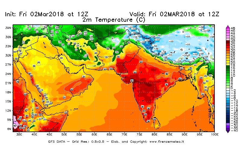 Mappa di analisi GFS - Temperatura a 2 metri dal suolo [°C] in Asia Sud-Occidentale
							del 02/03/2018 12 <!--googleoff: index-->UTC<!--googleon: index-->