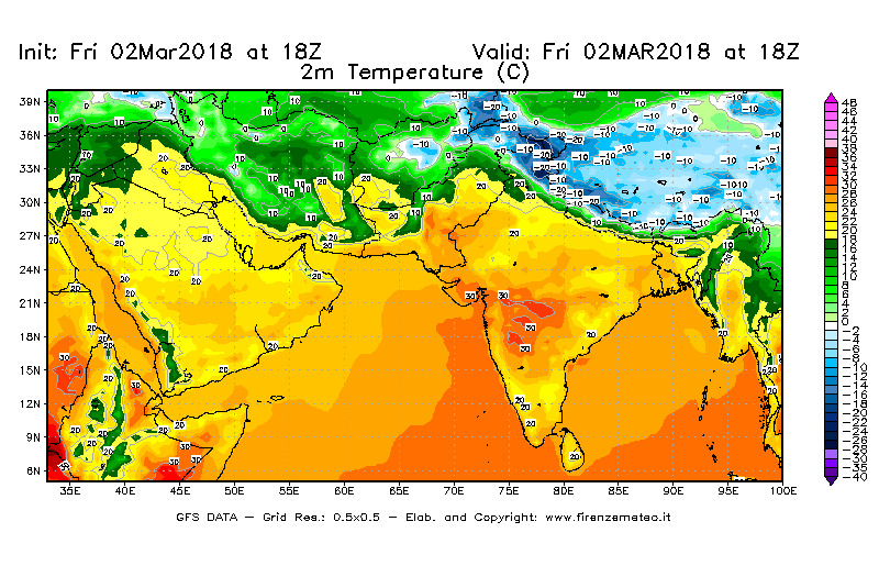 Mappa di analisi GFS - Temperatura a 2 metri dal suolo [°C] in Asia Sud-Occidentale
							del 02/03/2018 18 <!--googleoff: index-->UTC<!--googleon: index-->