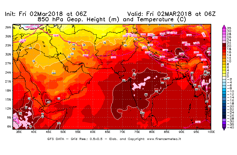 Mappa di analisi GFS - Geopotenziale [m] e Temperatura [°C] a 850 hPa in Asia Sud-Occidentale
							del 02/03/2018 06 <!--googleoff: index-->UTC<!--googleon: index-->