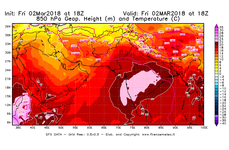 Mappa di analisi GFS - Geopotenziale [m] e Temperatura [°C] a 850 hPa in Asia Sud-Occidentale
							del 02/03/2018 18 <!--googleoff: index-->UTC<!--googleon: index-->