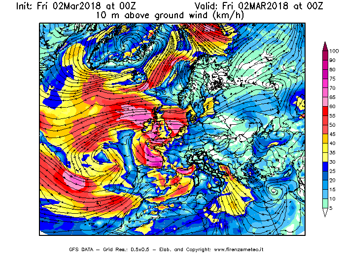 Mappa di analisi GFS - Velocità del vento a 10 metri dal suolo [km/h] in Europa
							del 02/03/2018 00 <!--googleoff: index-->UTC<!--googleon: index-->